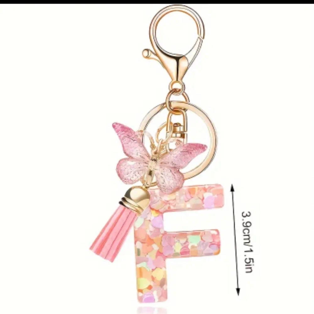NEW! Resin Letter "F" Initial Keychain Purse Charm w/Butterfly & Tassel Alphabet